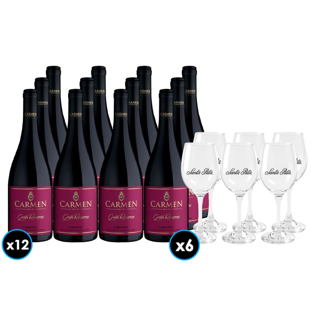 PACK CARMEN N°7 12x Vino Carmen Gran Reserva Carignan 750cc + 6x Copa Vino Viña Santa Rita_1