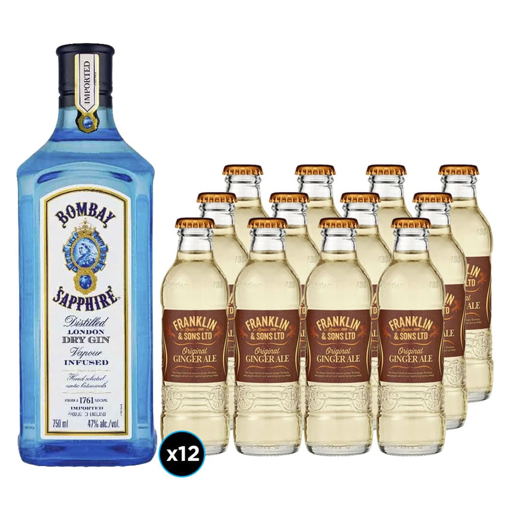 PACK BOMBAY + FRANKLIN: Gin Bombay Sapphire 750cc 40º alc. + 12x Franklin and Sons Ginger Ale 200cc_1