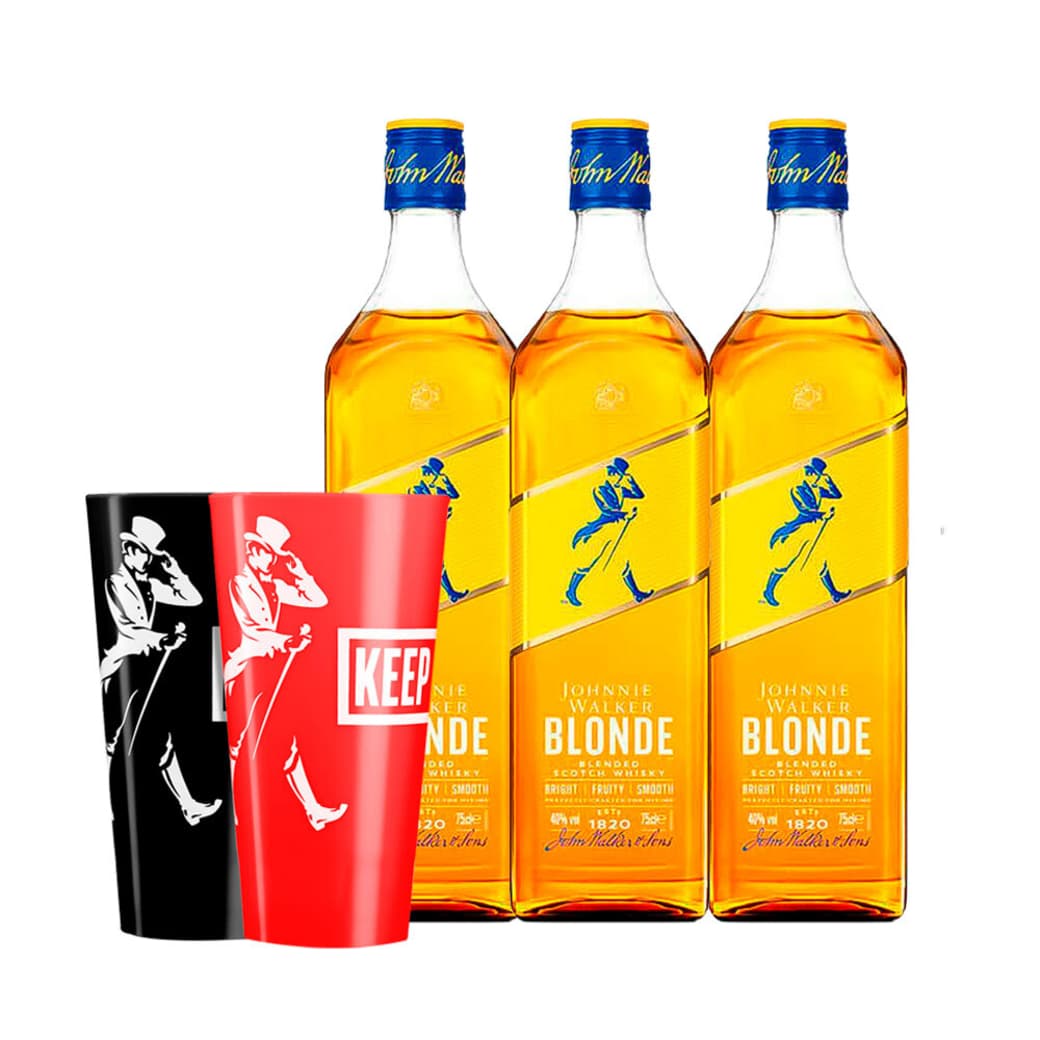 3x Whisky Johnnie Walker Blonde 750cc 40º alc. + 2x Vaso Acrílico Johnnie Keep Walking _1