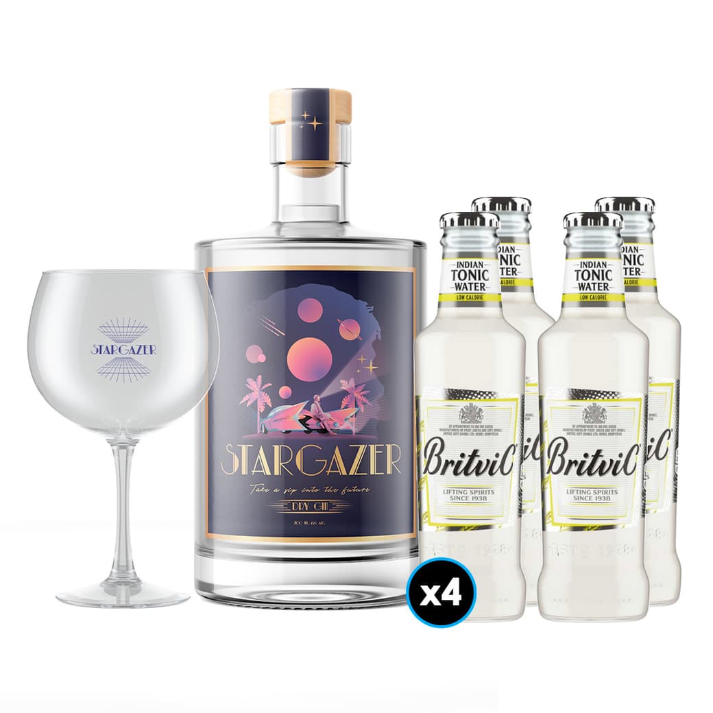 PACK STARGAZER® - BRITVIC (Light Tonic): 1x Stargazer® Gin 700cc 42º alc. + 4x Britvic Agua Tónica Light 200cc + 1x Copa Gin Stargazer_1