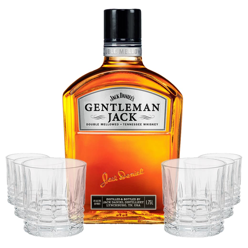Pack Gentleman´s Gatsby: Whiskey Gentleman Jack Daniels 750cc 40º alc. + Set 6 Vasos Bajo Vintage Gatsby 330cc_1