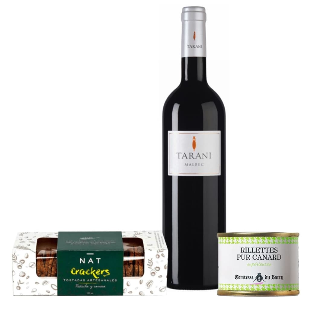 1x Vino Tarani Malbec (2019) 750cc + 1x Rillette Comtesse Du Barry Puro Pato a La Antigua 70grs + 1x Galletas Natcrackers Pistacho Romero 160 grs._1