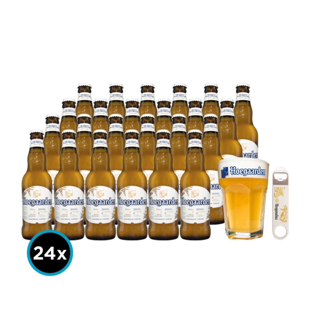 PACK HOEGAARDEN PERFECTO: 24x Cerveza Hoegaarden White en Botella 330cc + 1x Abridor Hoegaarden + Vaso Vidrio Hoegaarden_1