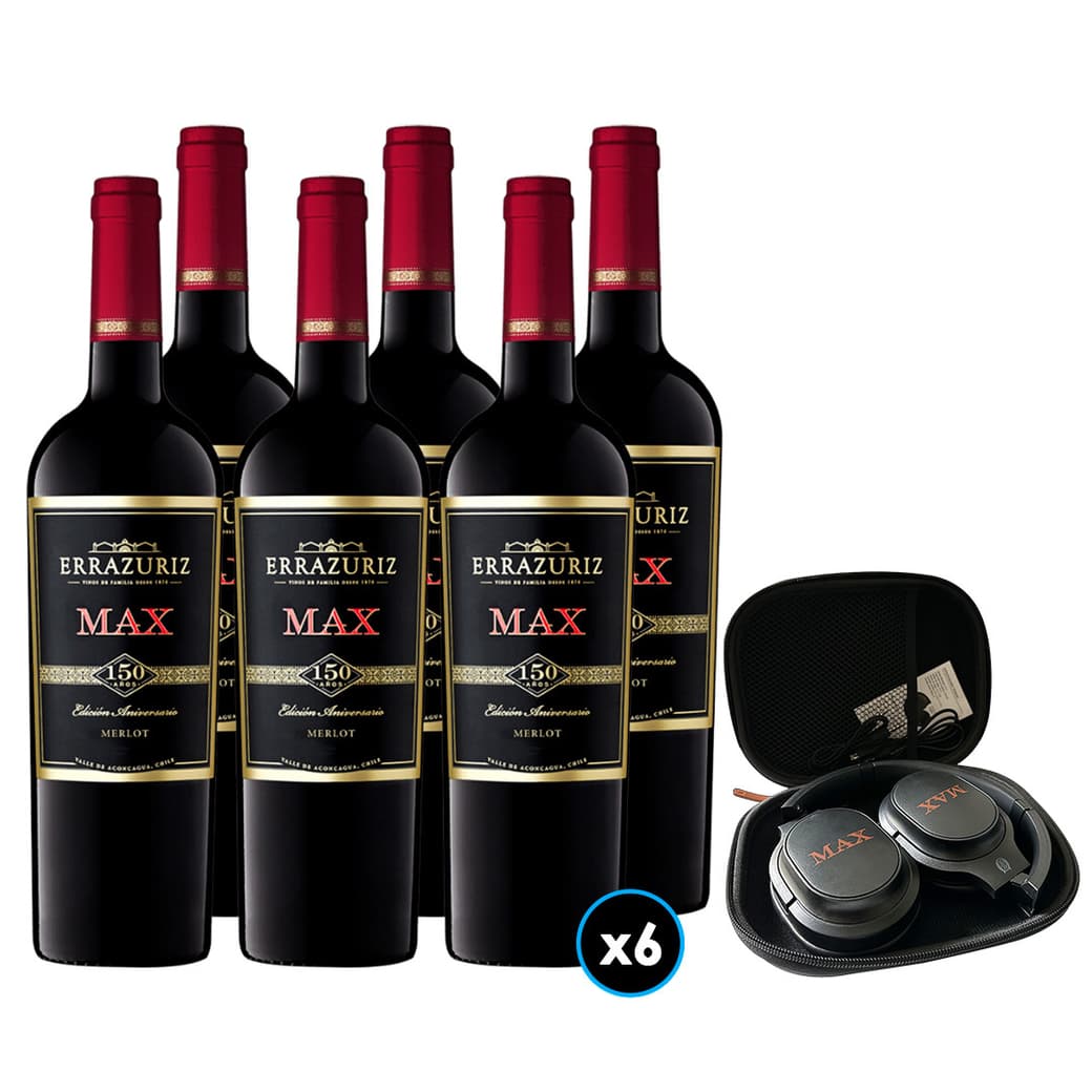 CAJA ERRAZURIZ MAX (MERLOT) + AUDÍFONO 6x Vino Errazuriz Max Merlot 750cc + 1x Audífonos Errazuriz Max_1