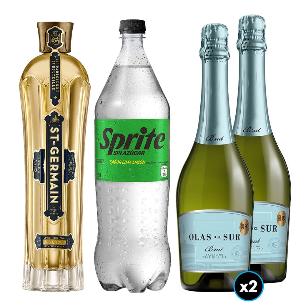 PACK SPRITZ PERFECTO N°8: 1x Saint Germain Licor de Flores de Sauco 750cc + 1x Bebida Sprite Sin Azúcar 1.5 Litros + 2x Espumantes Olas del Sur Extra Brut 750cc_1