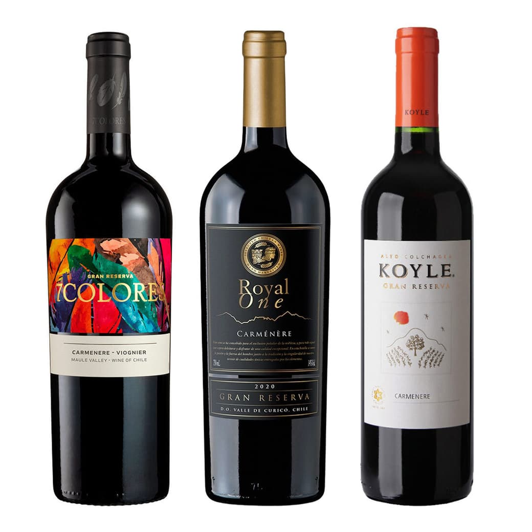 GRAN TRIO CARMENERE: 1x Vino 7 Colores Gran Reserva Carmenere-Viognier 750cc + 1x Vino Royal One Gran Reserva Carmenere 750cc + 1x Vino Koyle Gran Reserva Carmenere 750cc_1