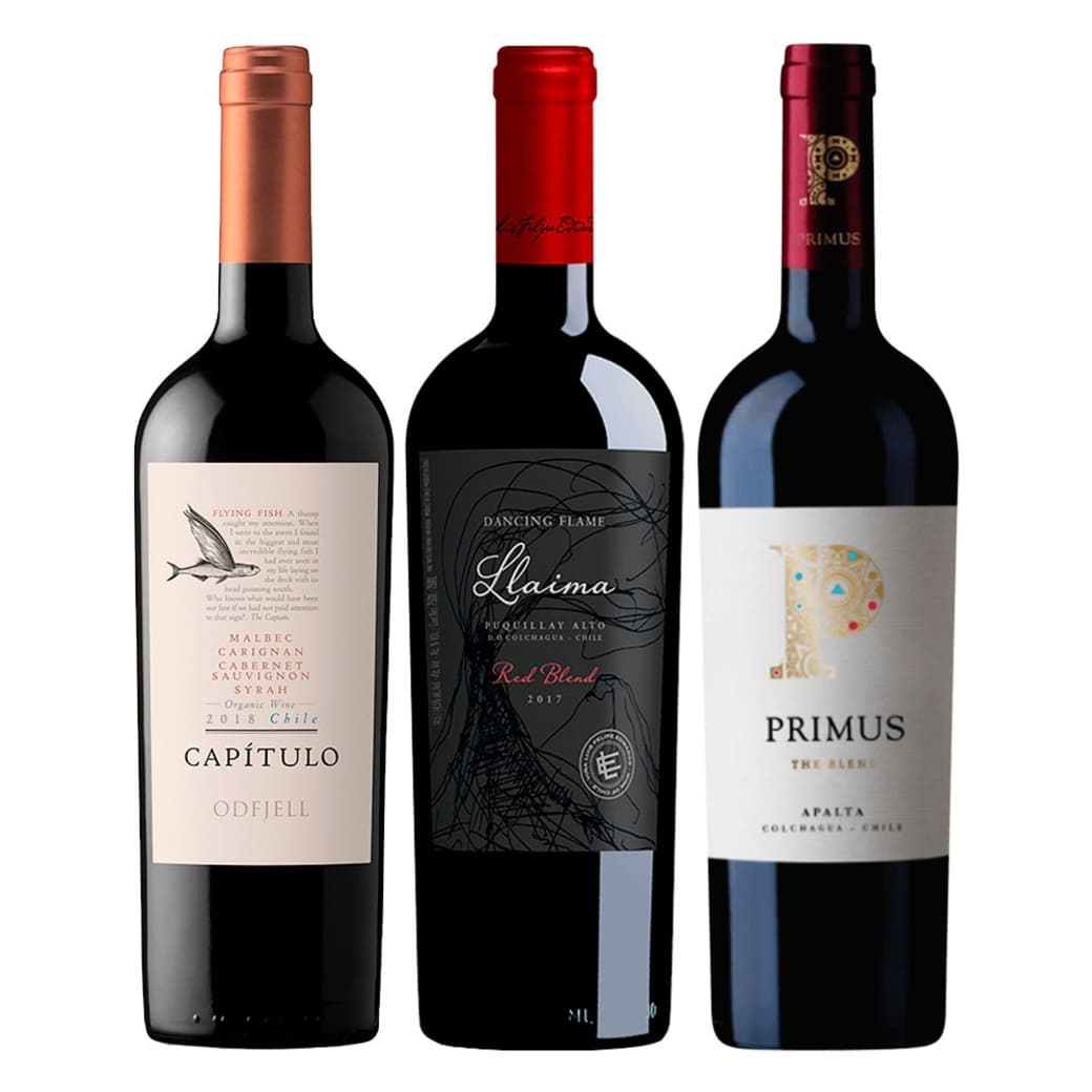 TRIO ENSAMBLAJES Nº1: 1x Vino Odfjell Gran Reserva Capítulo Flying Fish (CA/CS/MA/SY) 750cc + 1x Vino Dancing Flame Llaima Red Blend 750cc + 1x Vino Veramonte Primus The Blend 750cc_1