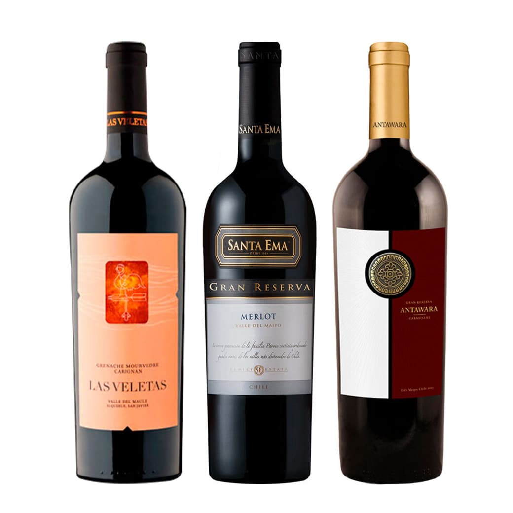 CLUB DE VINOS Nº21: 1x Vino Las Veletas Ensamblaje (Grenache/Mourvedre/Carignan/Syrah) 750cc + 1x Vino Santa Ema Gran Reserva Merlot 750cc + 1x Vino Antawara Gran Reserva Carmenere 750cc_1