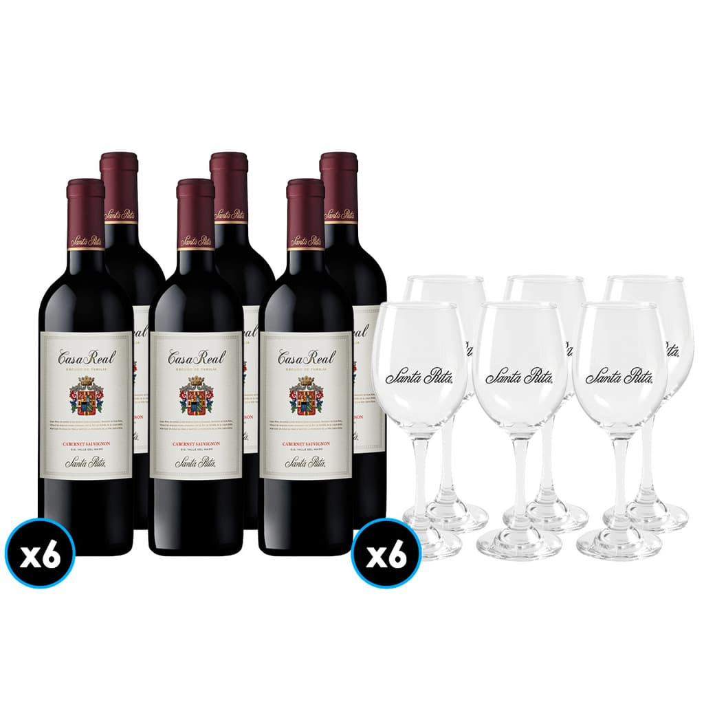 PACK CASA REAL N°2 6x Vino Casa Real Cabernet Sauvignon 750cc + 6x Copa Vino Viña Santa Rita_1