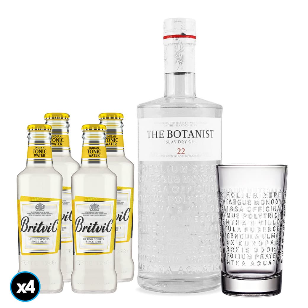 PACK THE BOTANIST N°1: Gin The Botanist 700cc + 4x Agua Tónica Britvic 200cc + Vaso The Botanist_1