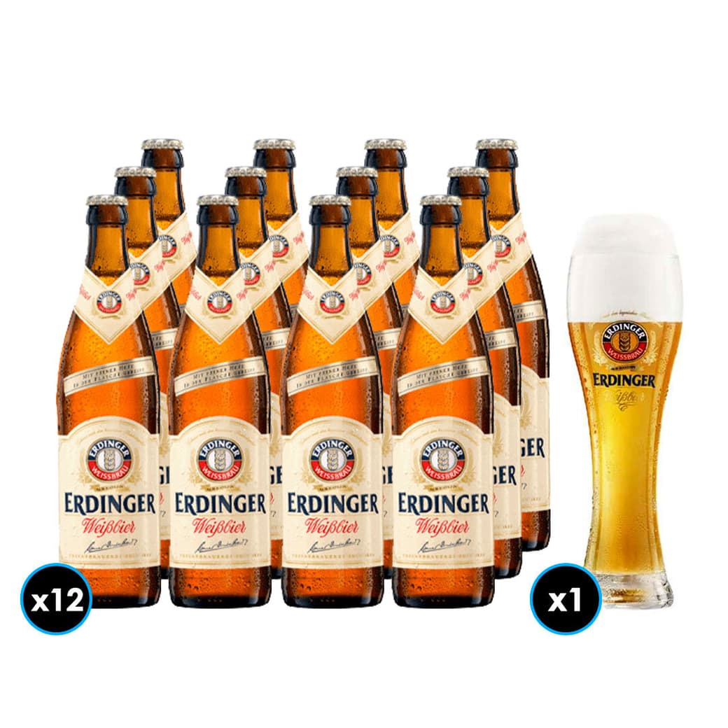 PACK ERDINGER WEISßBIER 500cc + VASO: 12x Cerveza Erdinger Weißbier Botella 500cc + 1x Vaso Erdinger 500cc_1