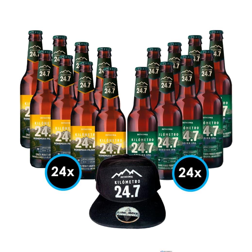 Pack Km 24.7 + Jockey Nº4 (Bohemian Pilsener - Session IPA): 24x Cervezas Km 24.7 Bohemian Pilsener en Botella 355cc + 24x Cerveza KM 24.7 Session IPA en Botella 355cc + Jockey cerveza km 24.7_1