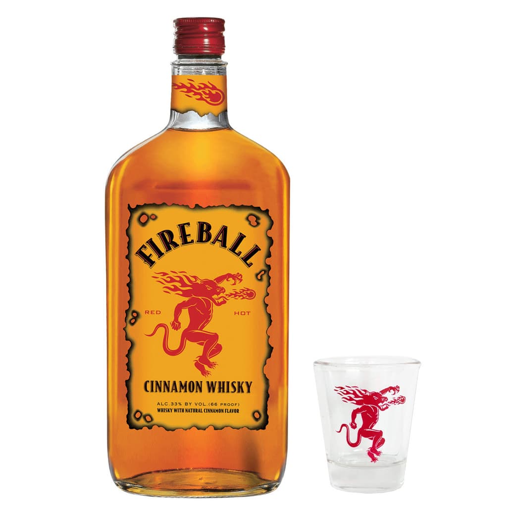 PACK FIREBALL N°1: 1x Whiskey Fireball de Canela 750cc 33º alc.+ 1x Vaso Shot Fireball Rojo _1