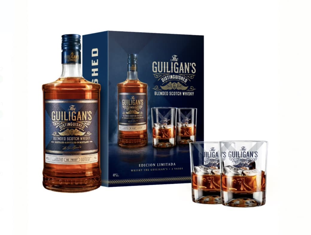 KIT GUILIGANS Nº2: Whisky The Guiligans Distinguished 750 cc 40º alc. + 2 Vasos_1
