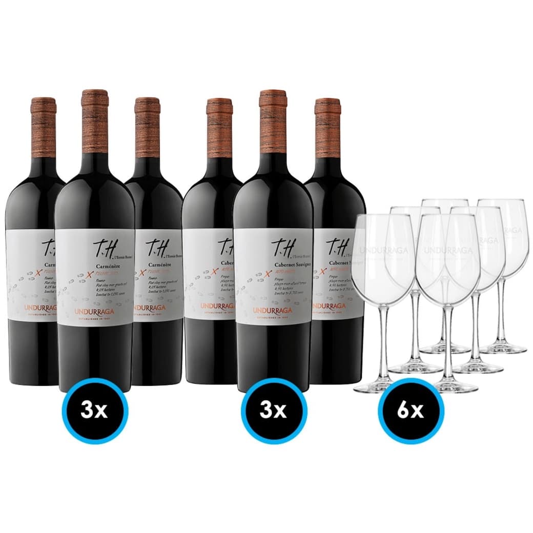 PACK UNDURRAGA TH PERFECTO: 3x Vino Undurraga TH Carmenere 750cc + 3x Vino Undurraga TH Maipo Cabernet Sauvignon 750cc + 6x Copa Vino Undurraga_1