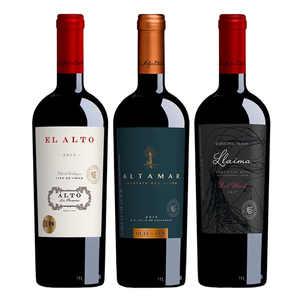 GRAN TRIO PREMIUM: 1x Vino Alto Los Romeros - El Alto Mountain Red Blend 750cc + 1x Vino Olas del Sur Altamar Red Blend 750cc + 1x Vino Dancing Flame Llaima Red Blend 750cc_1