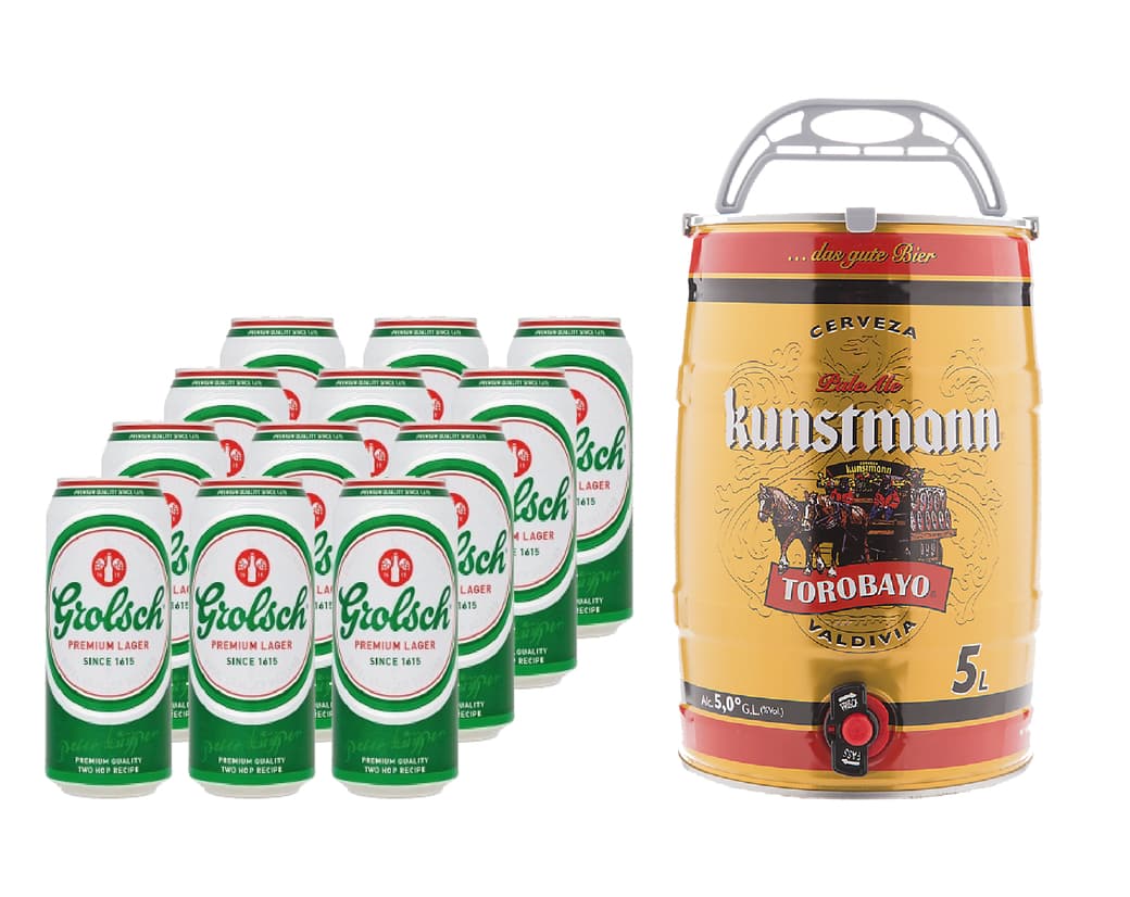 Pack Mundialero: 12x Cervezas Grolsch en Latas 500cc + Barril Kunstmann Torobayo 5 Litros_1