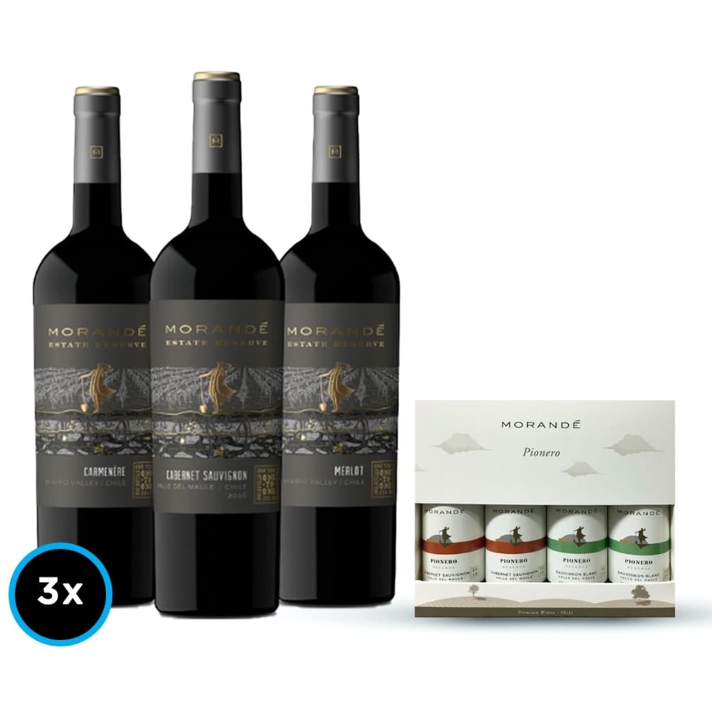 Pack Morandé: 3x Vino Morandé Estate Reserve Carmenere 750cc + 4 Pack Variedades Morande Pionero 187cc_1