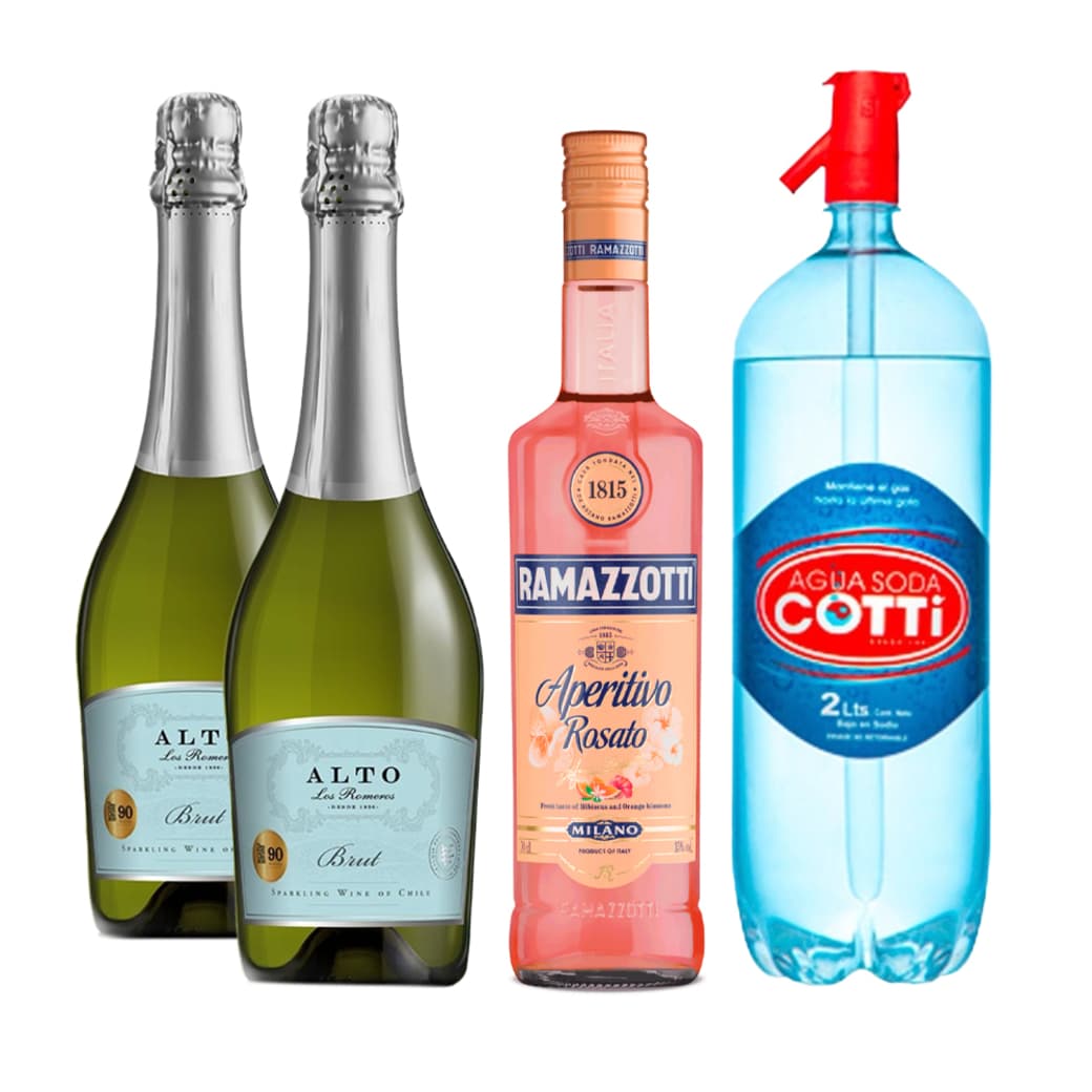 PACK SPRITZ PERFECTO (RAMAZZOTTI - ALTO LOS ROMEROS): 1x Licor Aperitivo Ramazzotti Rosatto 700cc + 2x Espumante Alto Los Romeros Brut 750cc + 1x Agua Soda Cotti 2 Litros_1