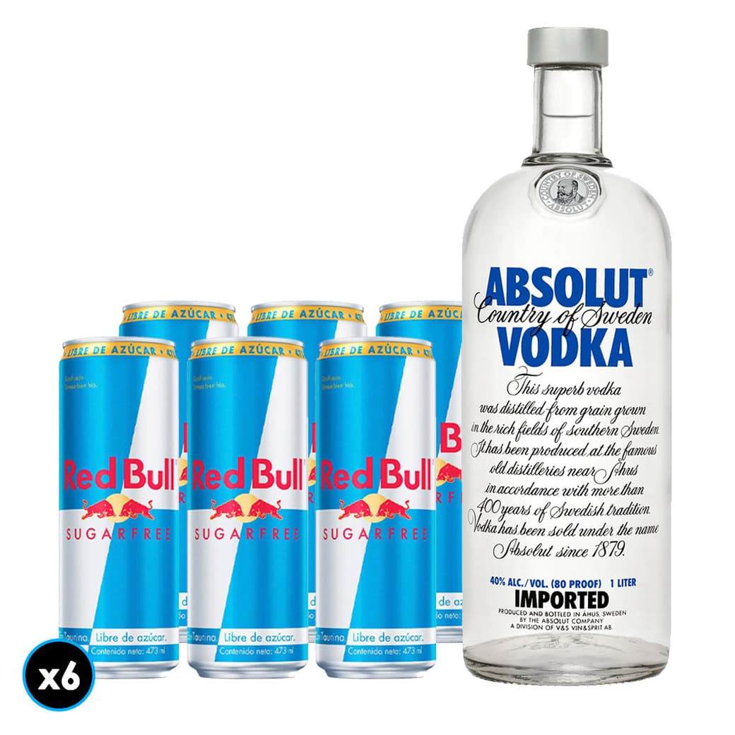 PACK VODKA ENERGY N°1: 1x Vodka Absolut Blue 1 Litro + 6x Bebida Energética Red Bull Sugar Free 250cc_1