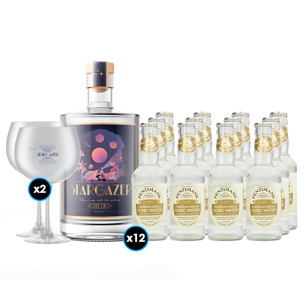PACK STARGAZER® - FENTIMANS (Tonic Water) Nº2: 1x Stargazer® Gin 700cc 42º alc. + 12x Bebida Premium Fentimans Tonic Water 200cc + 2x Copa Gin Stargazer_1