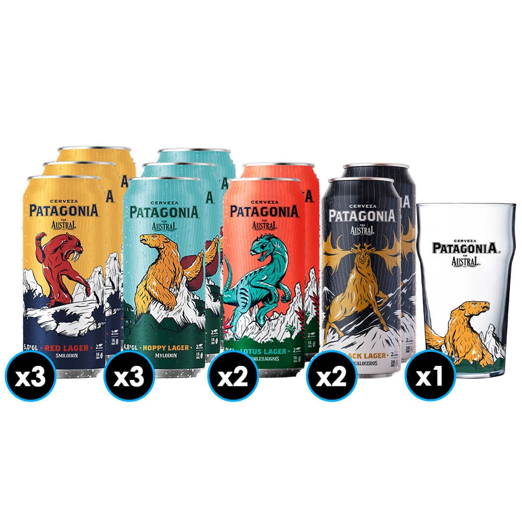 KIT PATAGONIA MIX N°1: 3x Cervezas Patagonia Hoppy Lager 470cc + 3x Cervezas Patagonia Red Lager 470cc  + 2x Cervezas Patagonia Lotus Lager 470cc + 2x Cervezas Patagonia Black Lager 470cc+1x Vaso Patagonia Hoppy _1