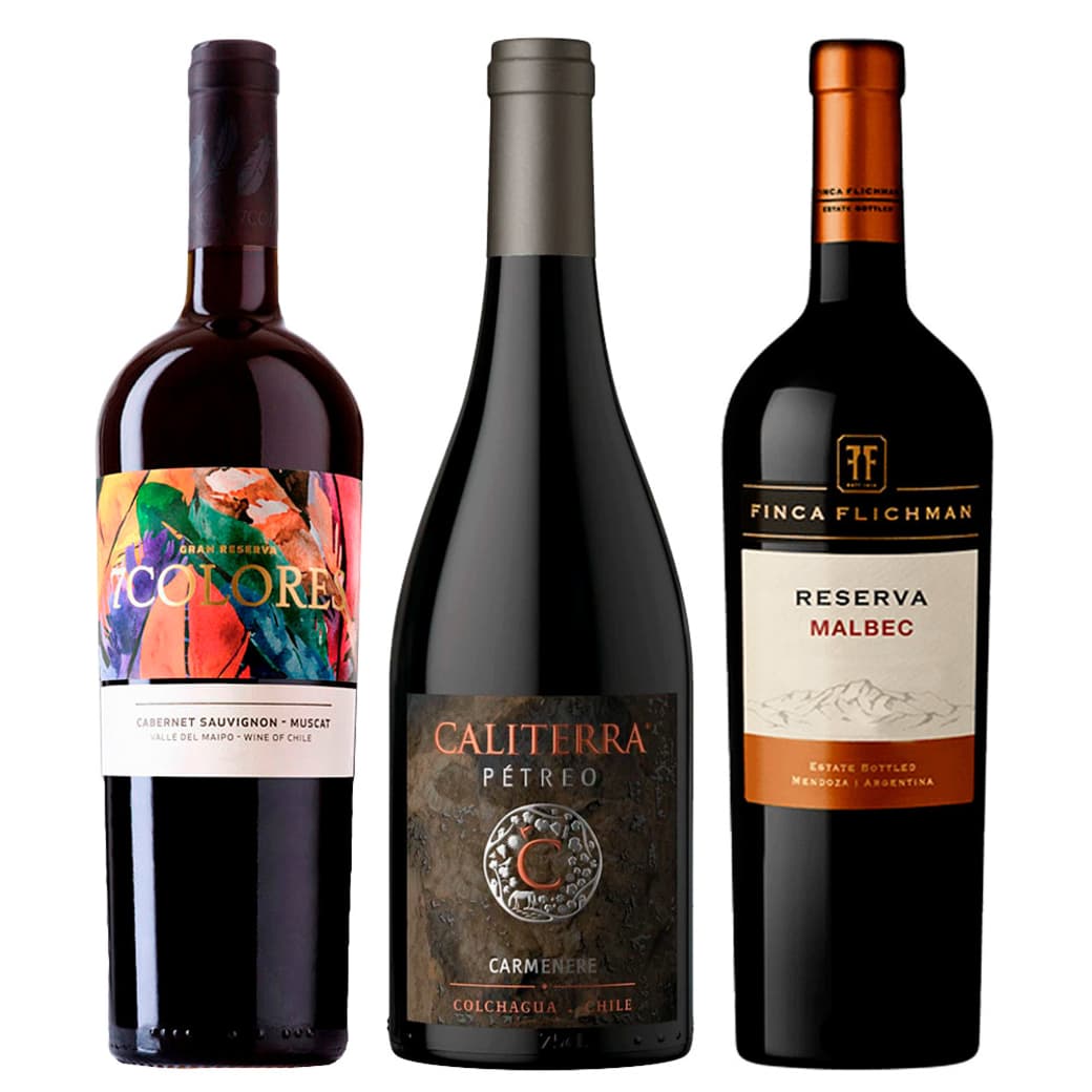 CLUB DE VINOS Nº11: 1x Vino 7 Colores Gran Reserva Cabernet Sauvignon 750cc + 1x Vino Caliterra Petreo Carmenere 750cc + 1x Vino Finca Flichman Reserva Malbec 750cc_1