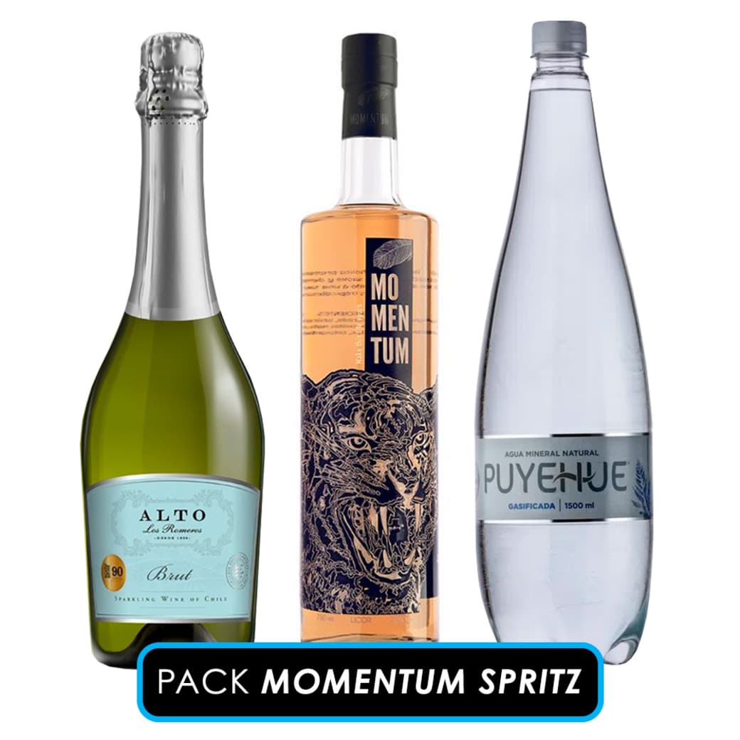PACK MOMENTUM SPRITZ: 1x Licor Momentum 750cc + 1x Espumante Alto Los Romeros Brut 750cc + 1x Agua Mineral Puyehue Con Gas 1.5 Litros_1