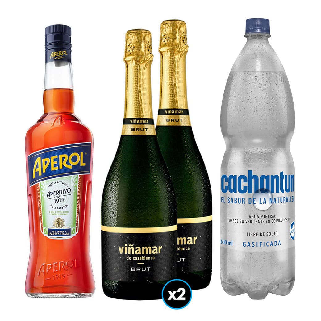 PACK SPRITZ PERFECTO N°10 1x Licor Aperitivo Aperol 750cc + 2x Espumante Viñamar Charmat Brut 750cc + 1x Agua Mineral Cachantun Con Gas 1.6 Litros_1