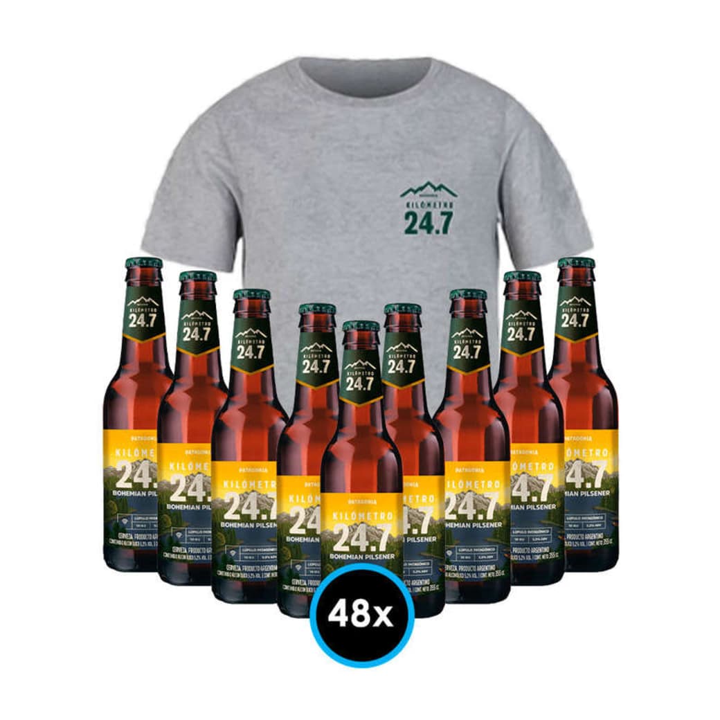 Pack Km24.7 + Polera Nº1 (Bohemian Pilsener): 48x Cervezas Km 24.7 Bohemian Pilsener en Botella 355cc + Polera Cerveza Km 24.7 talla XL_1