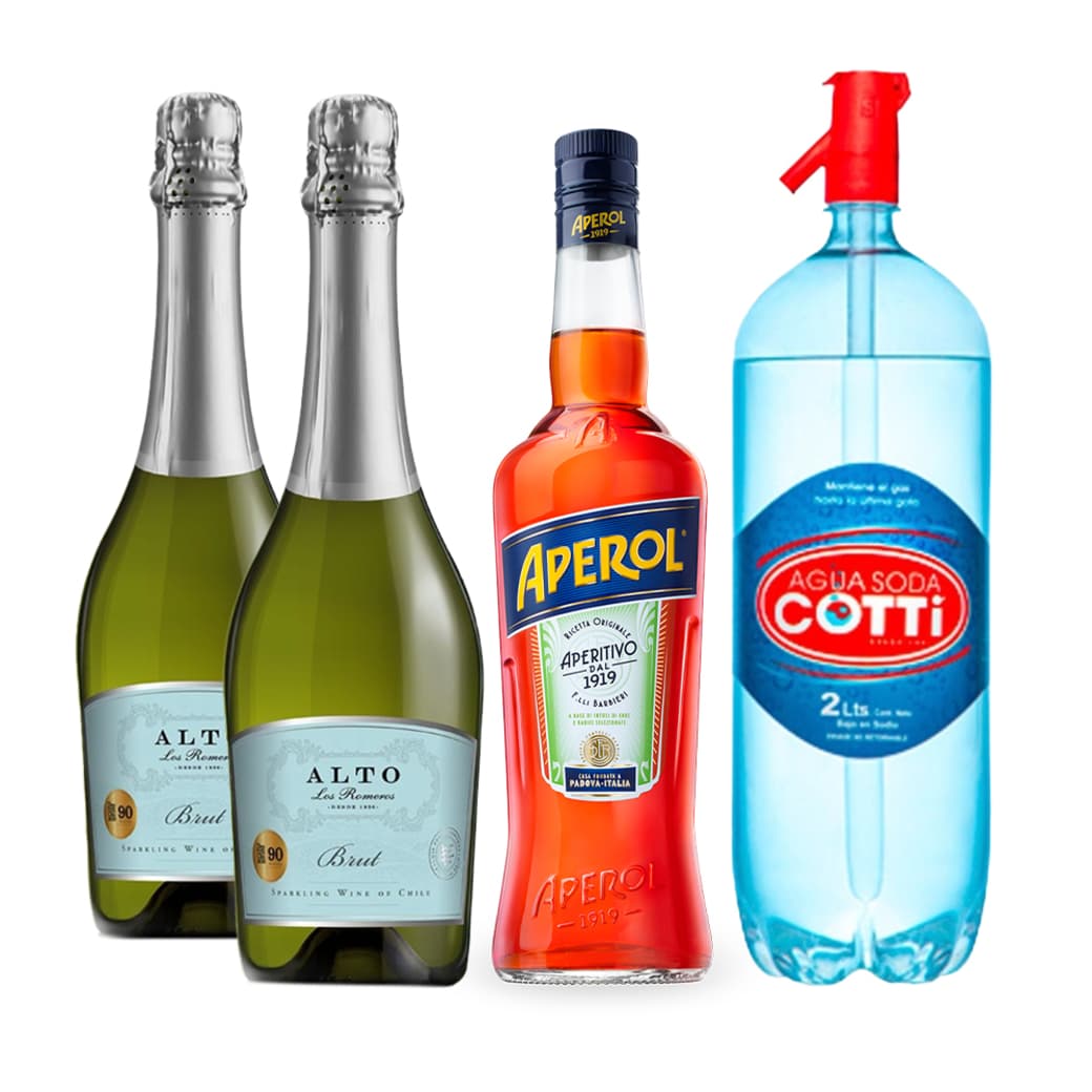 PACK SPRITZ PERFECTO (APEROL - ALTO LOS ROMEROS): 1x Licor Aperitivo Aperol 750cc + 2x Espumante Alto Los Romeros Brut 750cc + 1x Agua Soda Cotti 2 Litros_1