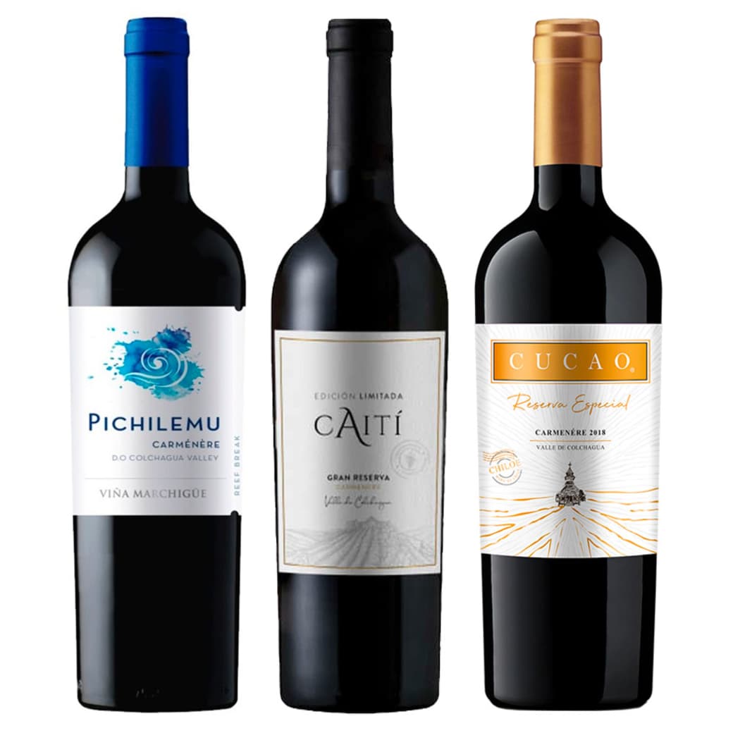 PACK TRIO VINOS CARMENERE: Vino Pichilemu Reef Break Carmenere 750cc + Vino Caiti Gran Reserva Carmenere 750cc + Vino Cucao Reserva Especial Carmenere 750cc_1