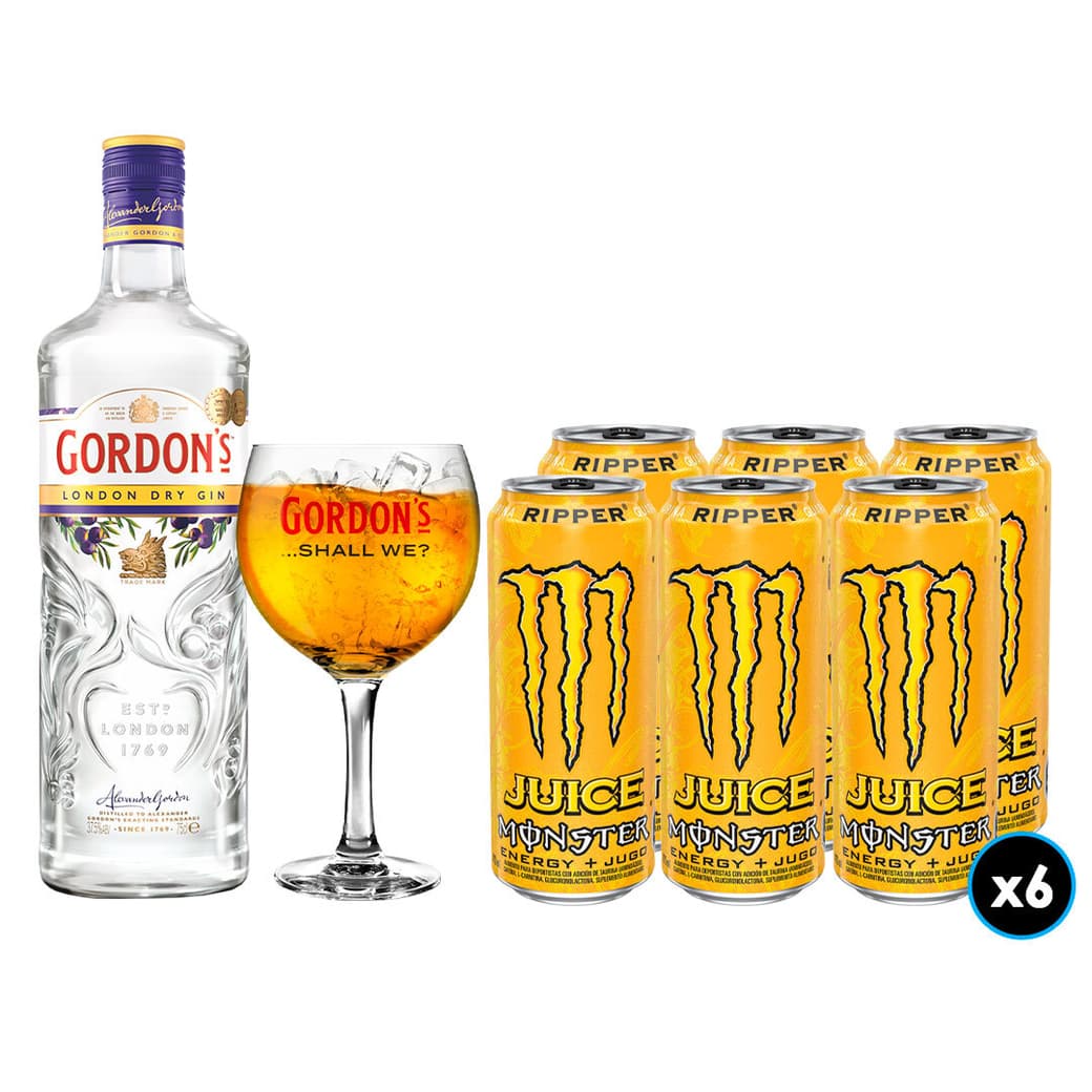 PACK GORDONS MONSTER N°1: 1x Gin Gordons London Dry 750cc 37,5º alc. + 6x Energética Ripper Juice Monster Energy 473cc + 1x Copón Gin Gordons_1