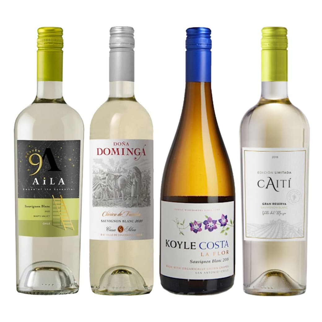 PACK GRAN CUARTETO SAUVIGNON BLANC: Vino Aila Heaven Gran Reserva Sauvignon Blanc 750cc + Vino Doña Dominga Clásico de Familia Sauvignon Blanc 750cc + Vino Koyle Costa La Flor Gran Reserva Sauvignon Blanc 750cc + Vino Caiti Gran Reserva Sauvignon Blanc 750cc_1