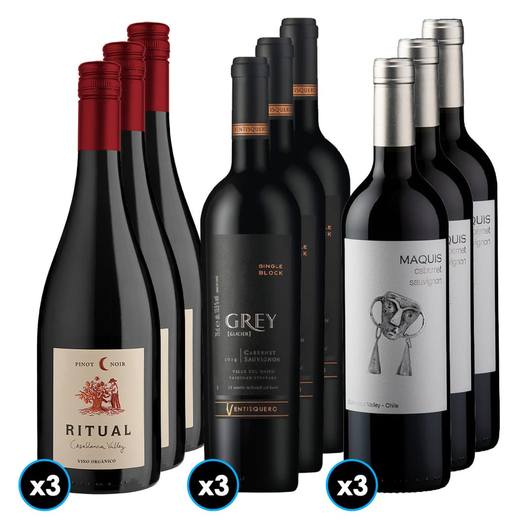 PACK RITUAL VENTISQUERO MAQUIS: 3x Vino Ritual Pinot Noir Orgánico 750cc + 3x Vino Ventisquero Grey Cabernet Sauvignon 750cc + 3x Vino Maquis Gran Reserva Cabernet Sauvignon 750cc_1