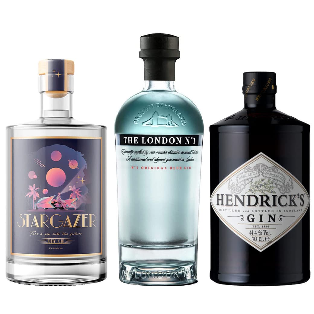 PACK GIN PREMIUM: 1x Stargazer Gin 700cc 42° alc. + 1x Gin Hendriks 700cc 41,4° alc. +1x The London Gin N°1 700cc 47° alc. _1