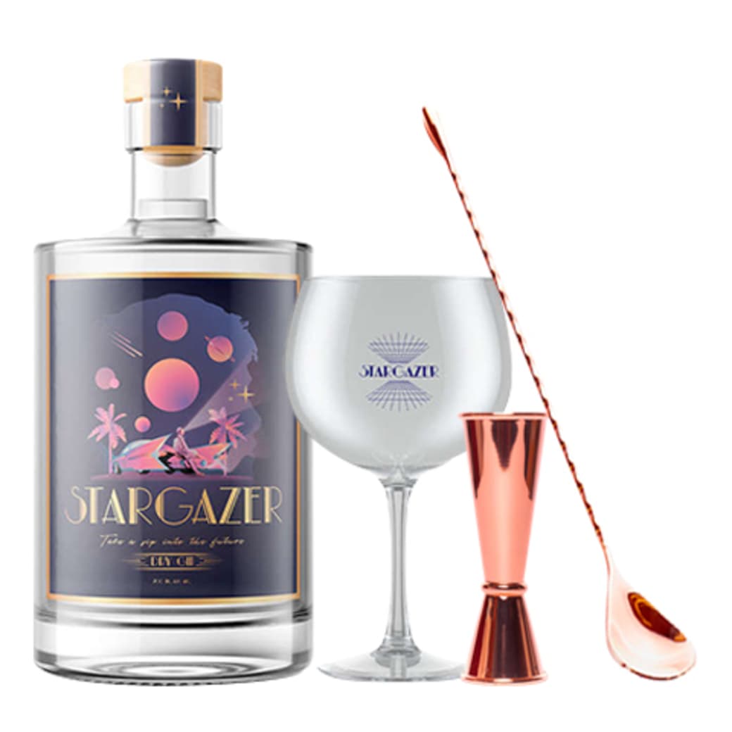 PACK STARGAZER® COCKTAIL MASTER Nº2: 1x Stargazer® Gin 700cc 42º alc. + Copa Gin Stargazer + Medidor Tragos Japonés Cobre 60/30cc + 1x Cuchara Bar Cobre Tor 30cm_1