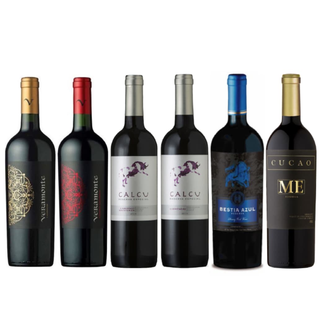 PACK VINOS RESERVA BEST VALUE: Veramonte (Carmenere + Cabernet) + Calcu Reserva (Carmenere + Cabernet) + Bestia Azul Cabernet + Cucao Merlot_1