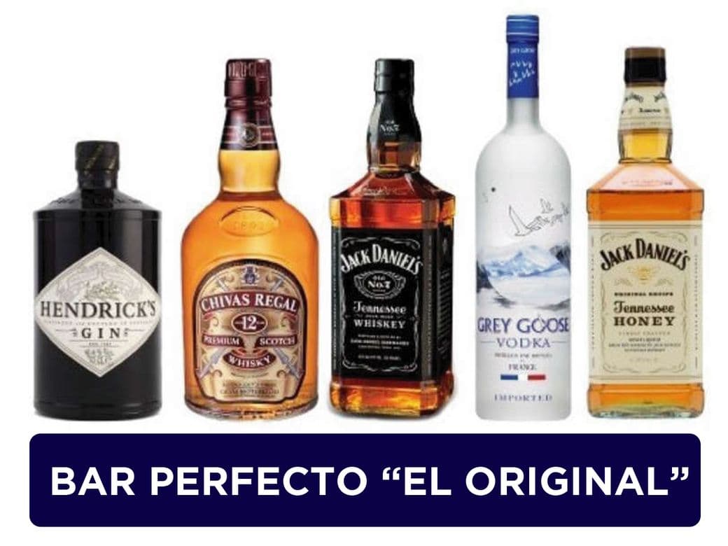 EL BAR PERFECTO EL ORIGINAL:  Gin Hendricks 700cc + Whisky Chivas Regal 12 años 750cc +  Whiskey Jack Daniels 750cc + Vodka Grey Goose 750cc + Whiskey Jack Daniels Honey 750cc._1