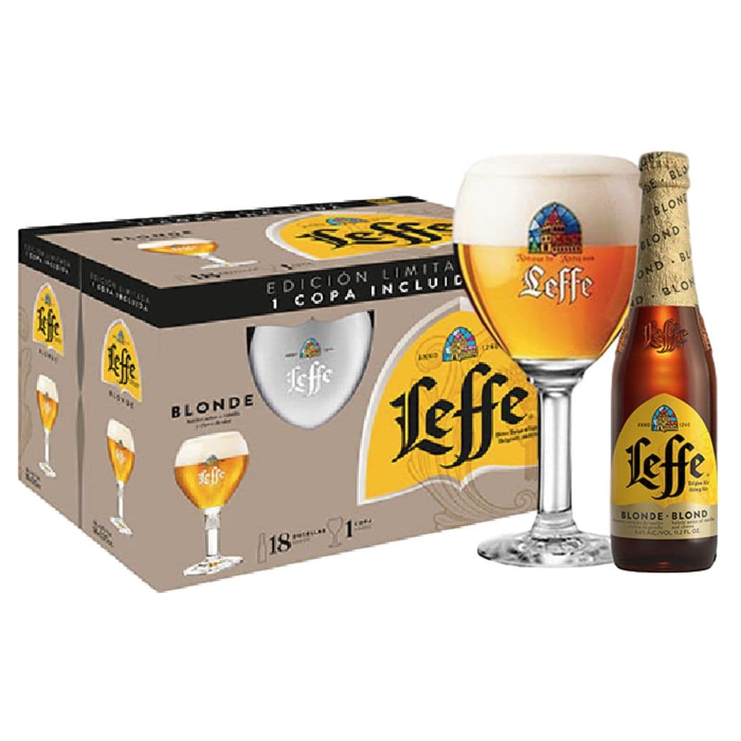KIT LEFFE: 18x Cerveza Leffe Blond en Botellas 330cc + Copa Leffe_1