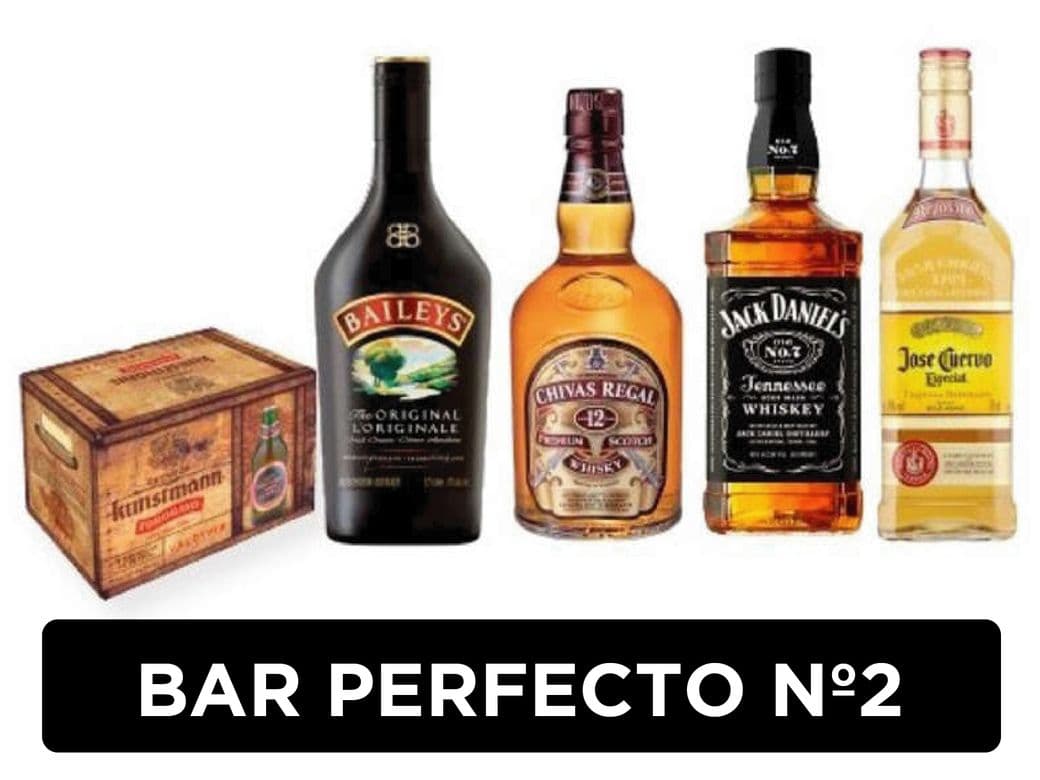 BAR PERFECTO N2: 12x Cerveza Kunstmann Torobayo + Licor Baileys + Whisky Chivas Regal 12 Años + Whiskey Jack Daniels N7 + Tequila Jose Cuervo_1