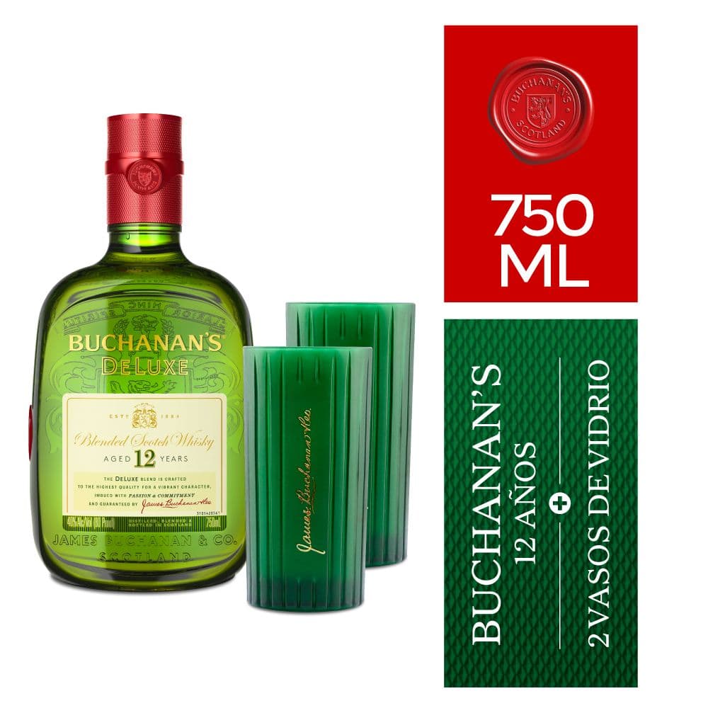 Kit Whisky Buchanans 12 años 750cc 40º alc. + 2 vasos _1