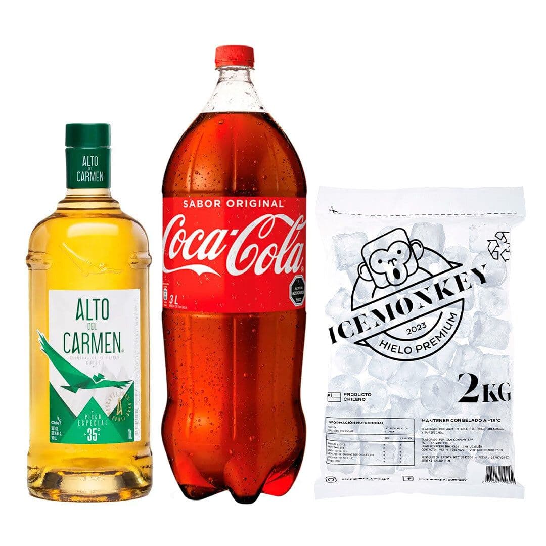PROMO ALTO LITRO + BEBIDA 3L + HIELO: Pisco Alto del Carmen 35 grados 1 Litro + Bebida Coca Cola 3 L + Hielo Ice Monkey 2 kg._1