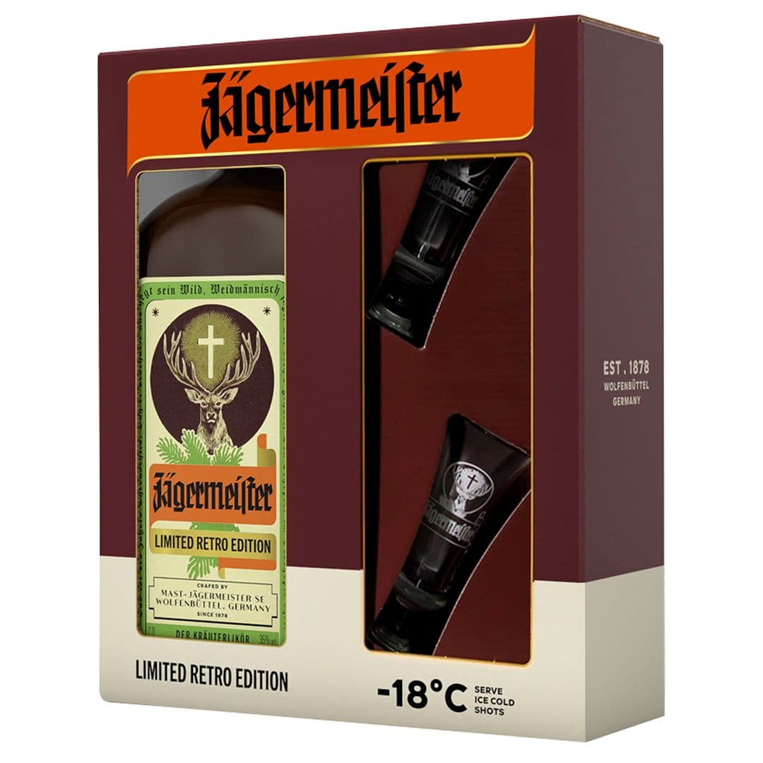 Kit Jagermeister Edición Retro 700cc 35° alc. + 2 vasos_1