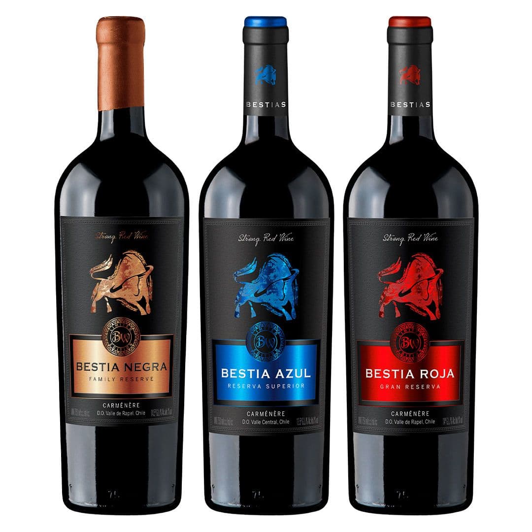 PACK BESTIAS (Carmenere): Vino Bestia Azul Carmenere 750cc + Vino Bestia Roja Gran Reserva Carmenere 750cc + Vino Bestia Negra Carmenere 750cc_1