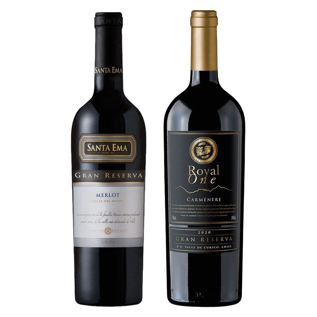 DUO TINTOS: 1x Vino Santa Ema Gran Reserva Merlot 750cc + 1x Vino Royal One Gran Reserva Carmenere 750cc_1