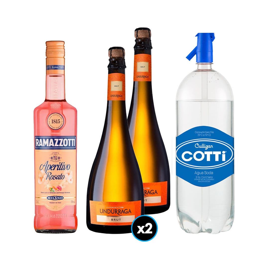 PACK SPRITZ PERFECTO (RAMAZZOTTI - UNDURRAGA): 1x Licor Aperitivo Ramazzotti Rosatto 700cc + 2x Espumante Undurraga Brut 750cc + 1x Agua Soda Cotti 2 Litros_1