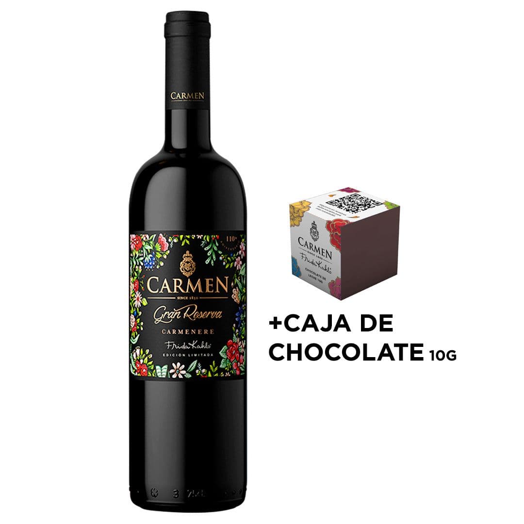 PACK CARMEN FRIDA KAHLO GR + MINI CAJA CHOCOLATE (10gr): 1x Vino Carmen Gran Reserva Frida Kahlo Carmenere 750cc + 1x Mini Caja Chocolate Carmen Frida Kahlo_1