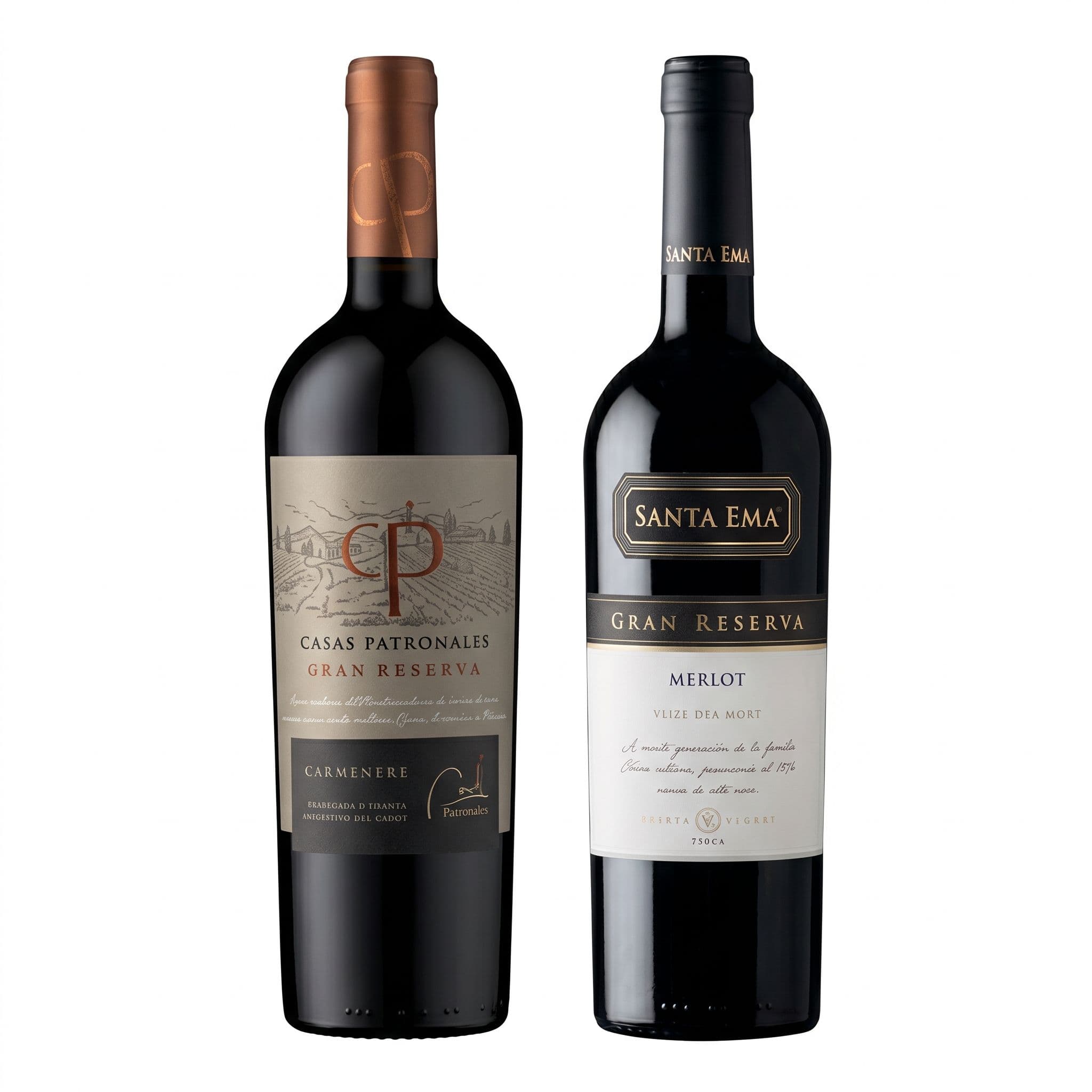 DUO SANTA EMA - PATRONALES: 1x Vino Santa Ema Gran Reserva Merlot 750cc + 1x Vino Casas Patronales Gran Reserva Carmenere 750cc_1