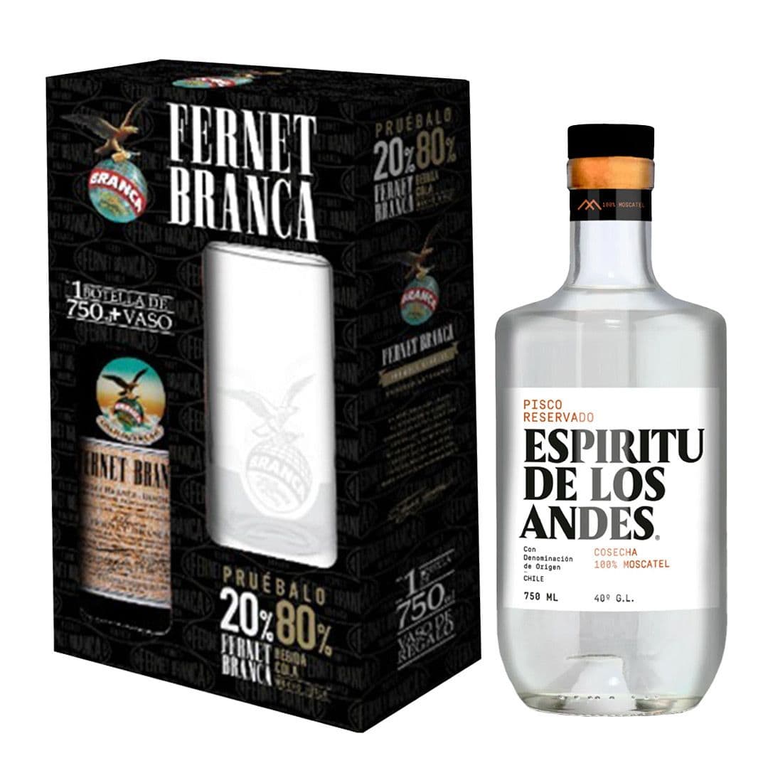 Pack Kit Branca con vaso + EDLA: Licor Fernet Branca 750cc + Pisco Espíritu de Los Andes 750cc_1
